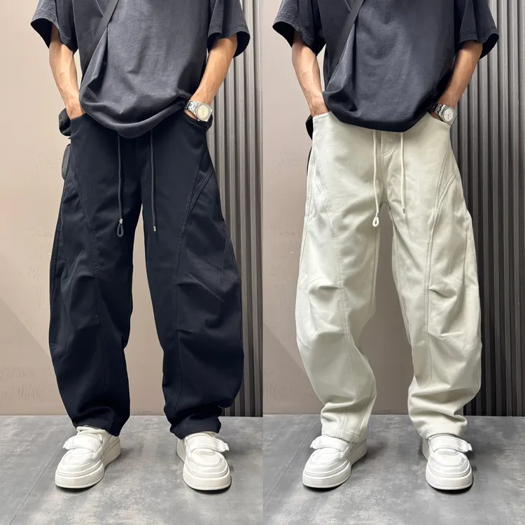 高级感拼接设计加绒加厚休闲裤男士秋冬工装弯刀裤百搭宽松直筒裤