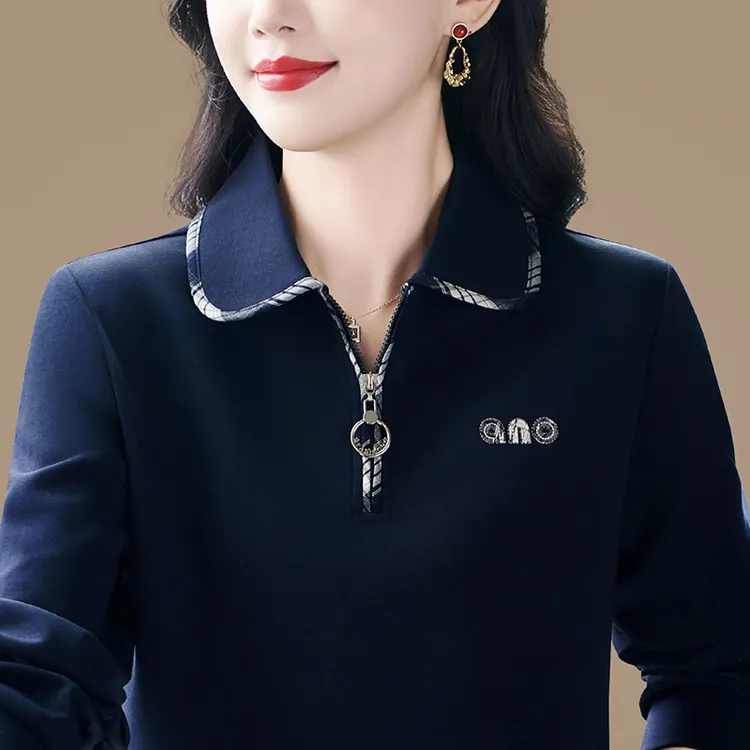 长袖卫衣女春秋时尚妈妈POLO衫宽松百搭休闲外套翻领拉链上衣大码