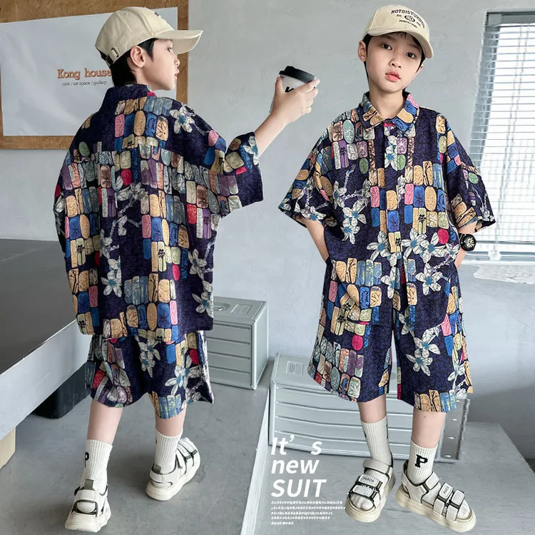 新款男童夏季潮服短袖韩版儿童装时髦两件套痞气男孩中大童帅风衫