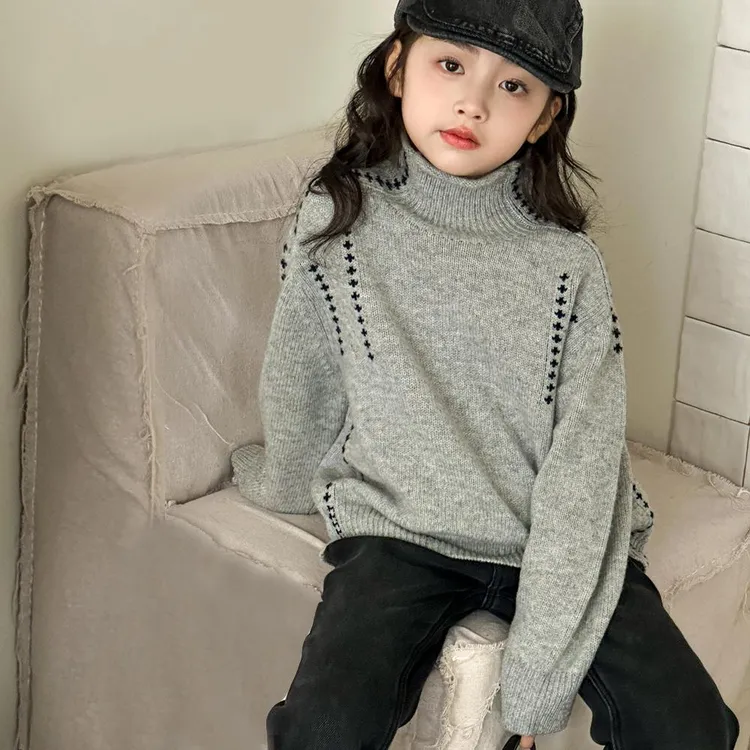 女童加绒加厚半高领毛衣儿童针织衫中大童女孩秋冬洋气内搭打底衫