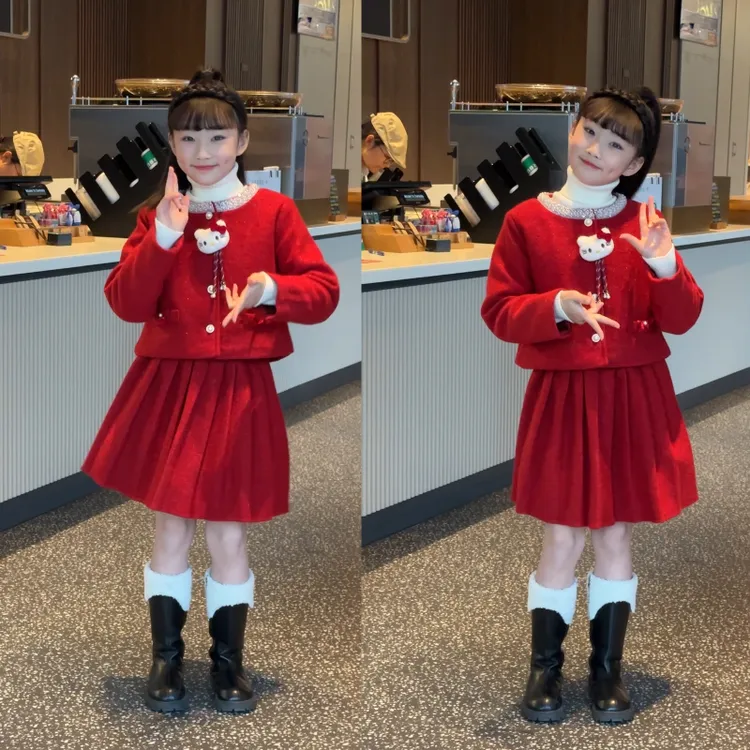女童冬季百褶裙套装2-12岁猫咪挂件百褶裙年服110-170（价格已开）