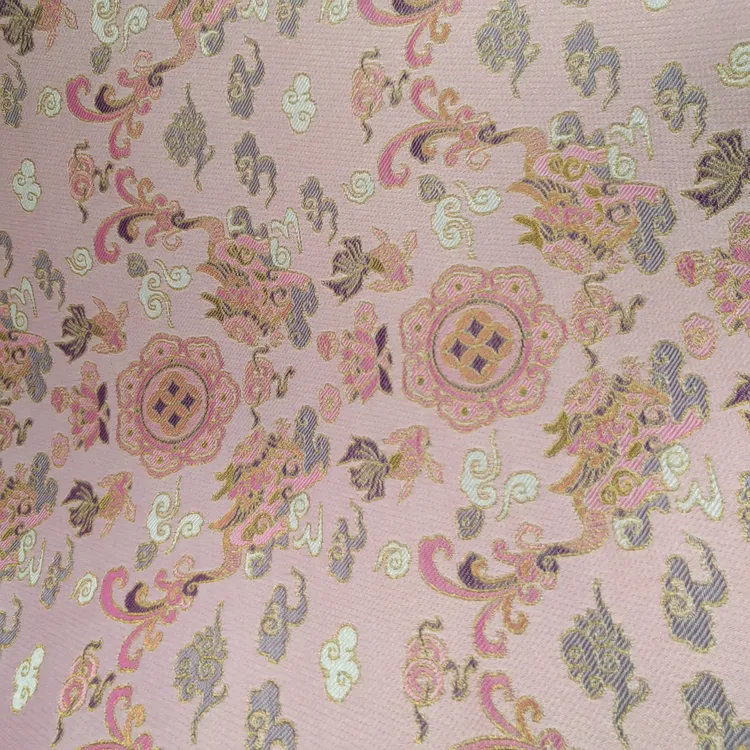 粉色貔犰宝相花织金桑蚕丝宋锦面料140幅宽