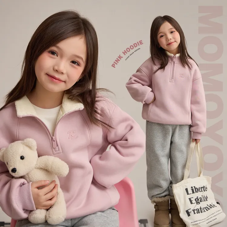 辰辰妈【粉泡芙】儿童立领加绒卫衣羊羔绒甜美女童保暖上衣9405X