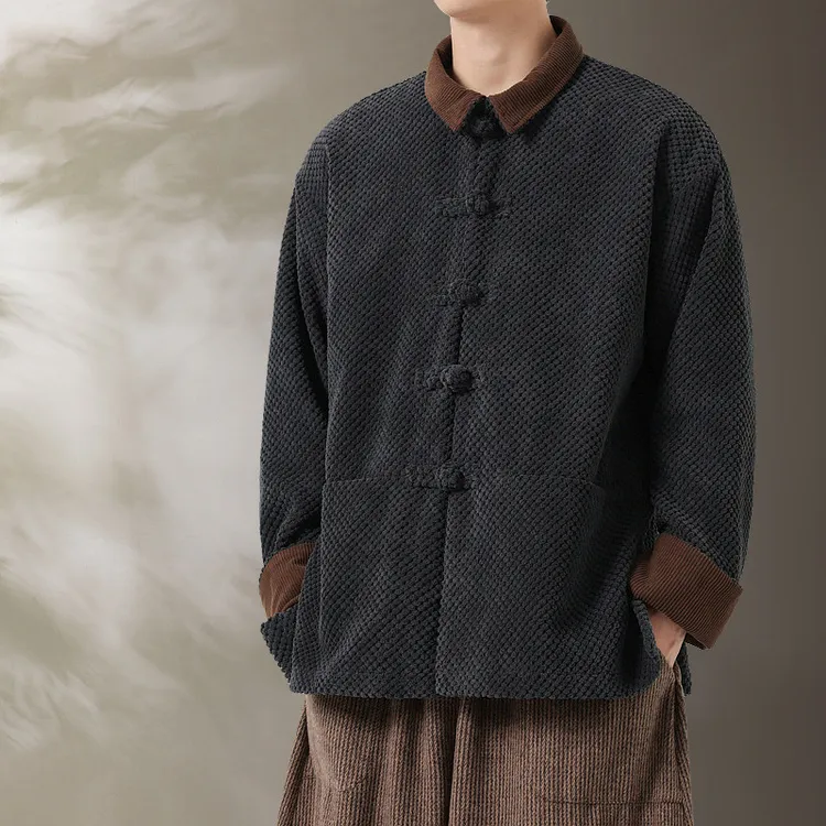 复古文艺 中国风男装撞色灯芯绒唐装外套 新中式穿搭 国潮 茶禅意