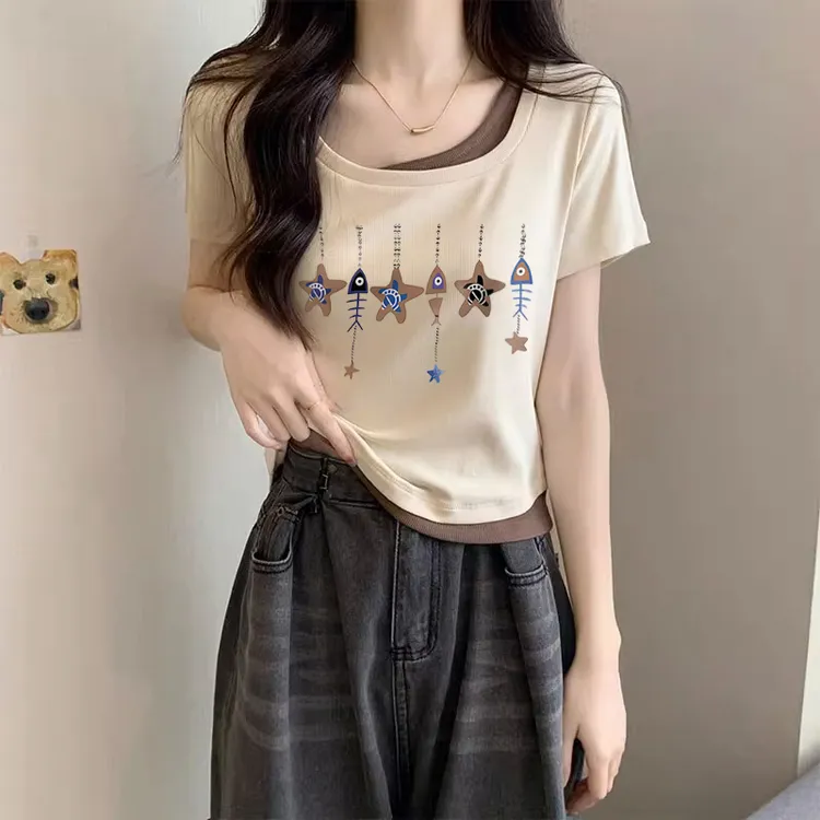 胖妹妹大码微胖女装短袖t恤遮肚子假两件显瘦圆领上衣时尚百搭