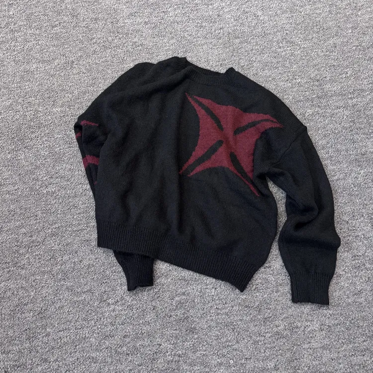 忧郁的二代美式潮流复古十字提花短宽版型黑色毛衣男 （ST1106）