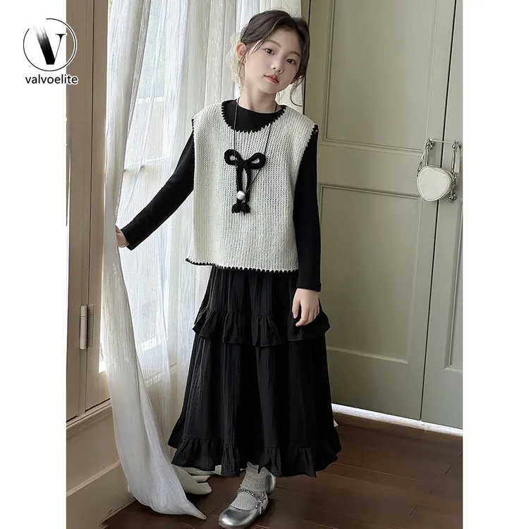 VALVOELITE女童毛衣三件套装春秋款女中大儿童时髦洋气衣服复古潮