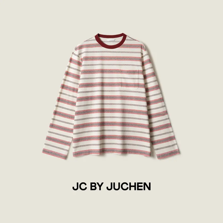 治愈系色织粉白条纹双纱柔软棉质宽松百搭长袖T恤 FW095302