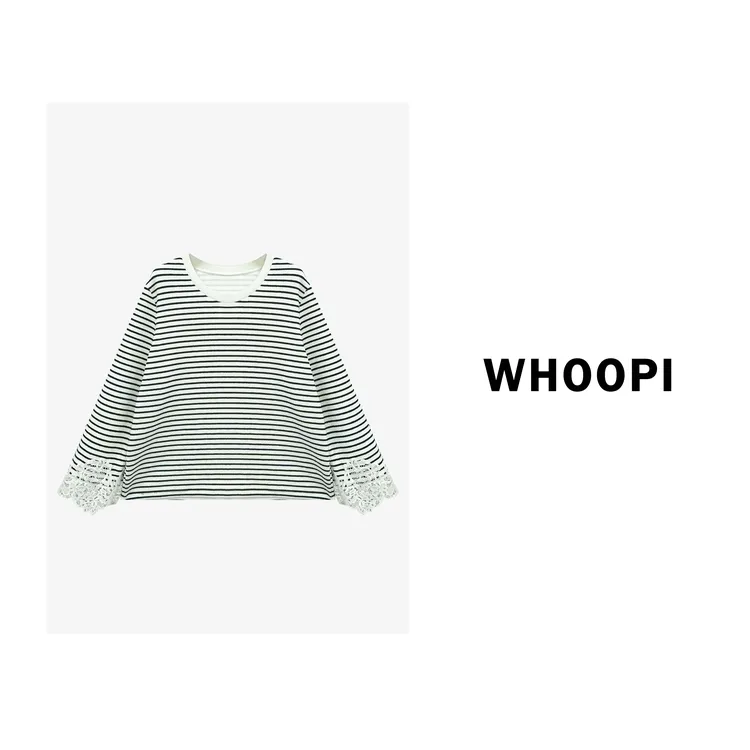 【Whoopi】【知秋】设计感重工蕾丝刺绣拼接水波纹条纹长袖卫衣