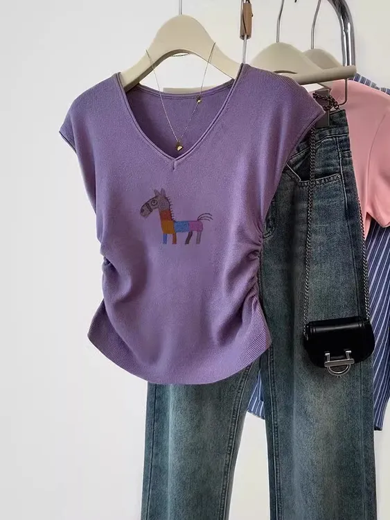 紫色v领印花小马收腰针织短袖t恤女2025新款掐腰修身显瘦短款上衣