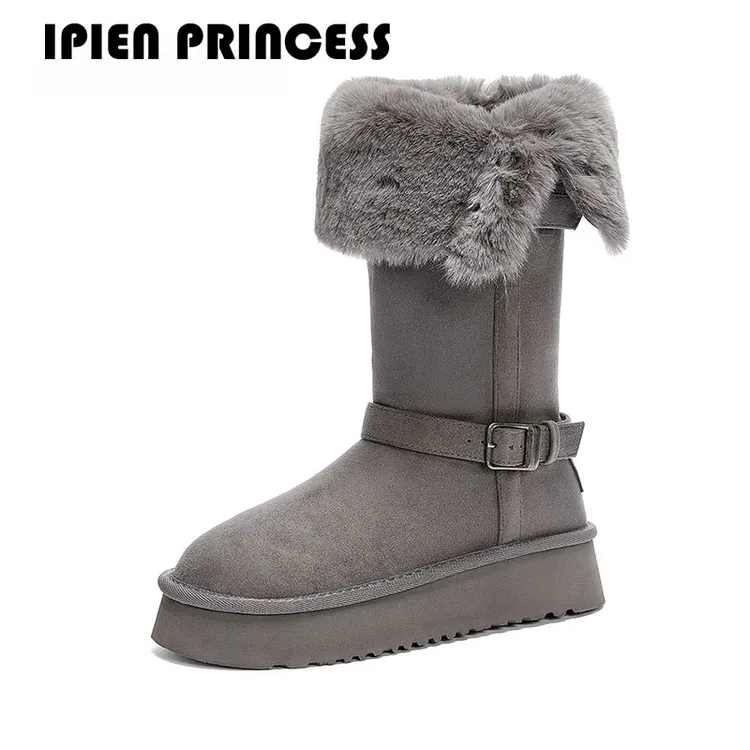 长筒时尚雪地靴女2025新款冬季加绒毛毛翻边棉靴厚底防滑户外棉鞋