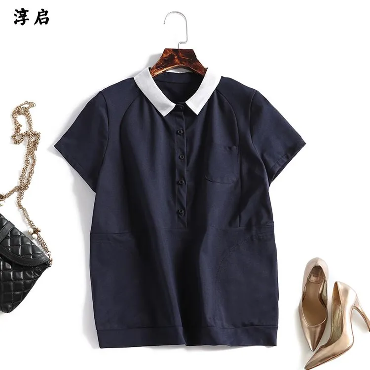 淳启时尚休闲百搭复古高级设计感翻领拼接宽松遮肉短袖恤女上衣夏