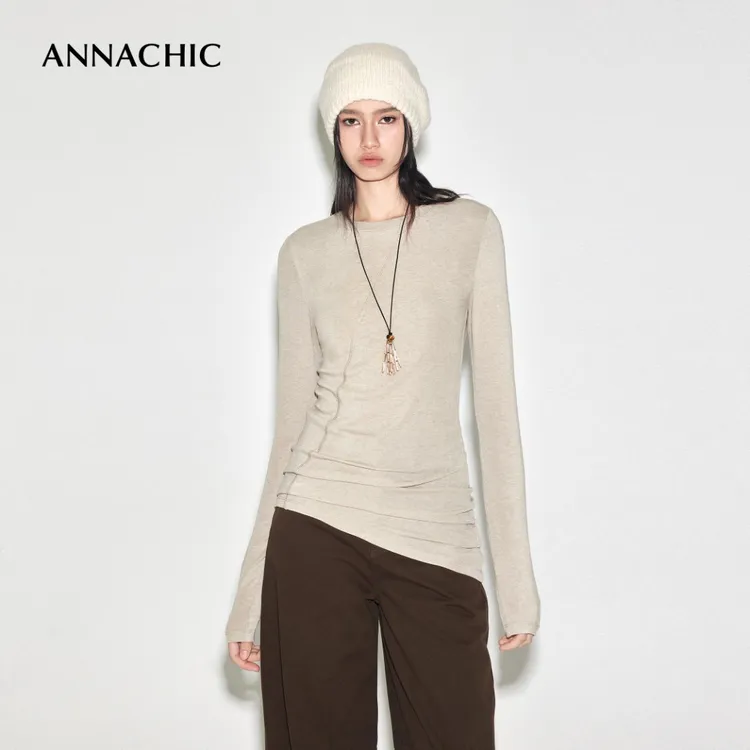ANNACHIC不对称解构_修身圆领长袖T恤女/舒适亲肤内搭打底衫上衣