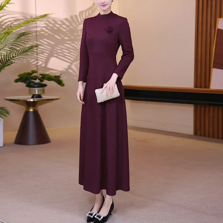 冬季羊毛裙立领修身显瘦大摆连衣裙长裙优雅气质收腰长袖25135