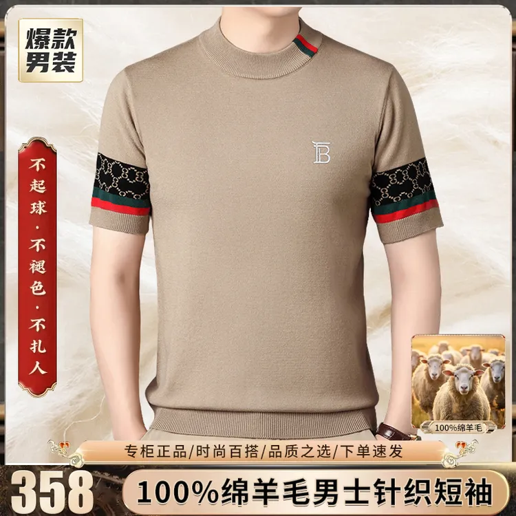 【专柜正品】100%绵羊毛休闲圆领男装常规款标准衫厚款上衣打底T恤