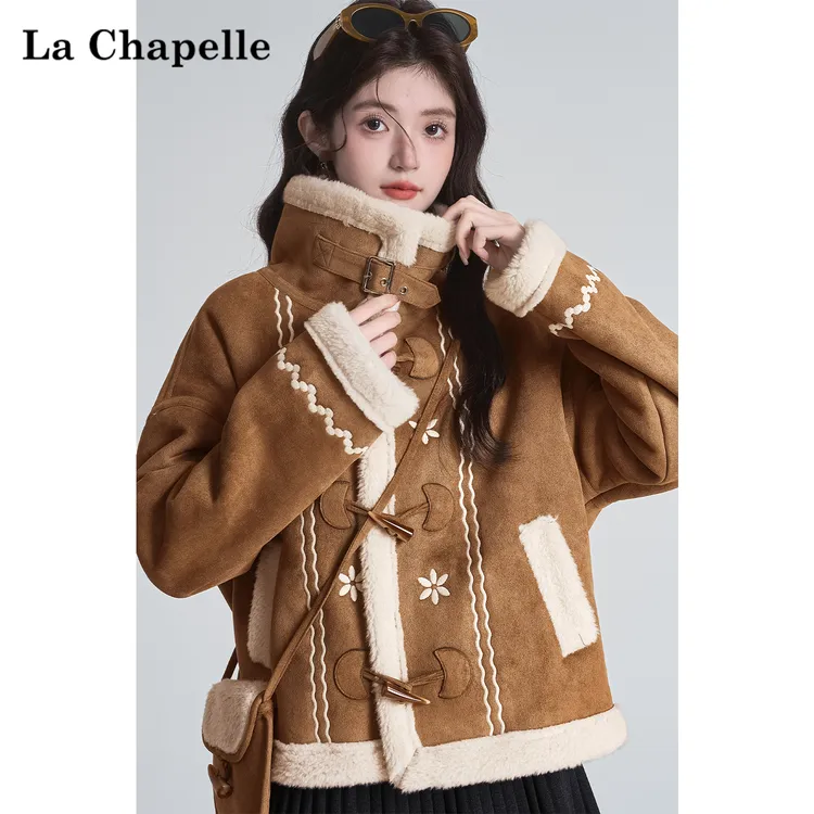 拉夏贝尔复古仿麂皮绒外套女秋冬季仿羊羔毛皮毛一体加厚加绒上衣