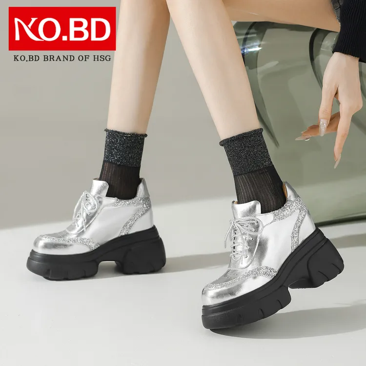 银色厚底松糕鞋女款英伦风增高小皮鞋配裙子春秋真皮高跟单鞋P618