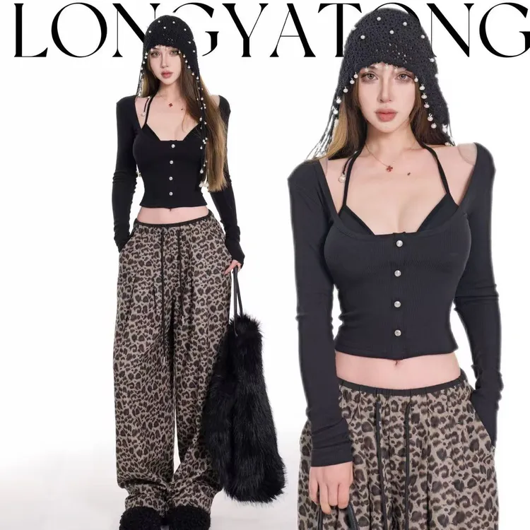 龙牙童推荐【霍格辣妹】显瘦女美式长袖T恤U领蕾丝纯欲风修身设计感