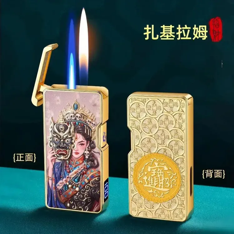 新款声控双火打火机立体浮雕金属带电量显示打火机送男友礼物