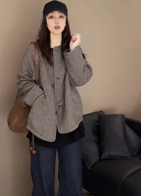 韩系高级感圆领单排扣毛呢外套秋冬新款小众薄款棉服外出新款外套