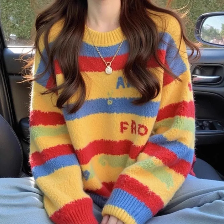 彩色条纹圆领毛绒毛衣2025秋季新款美式复古宽松慵懒风加厚针织衫