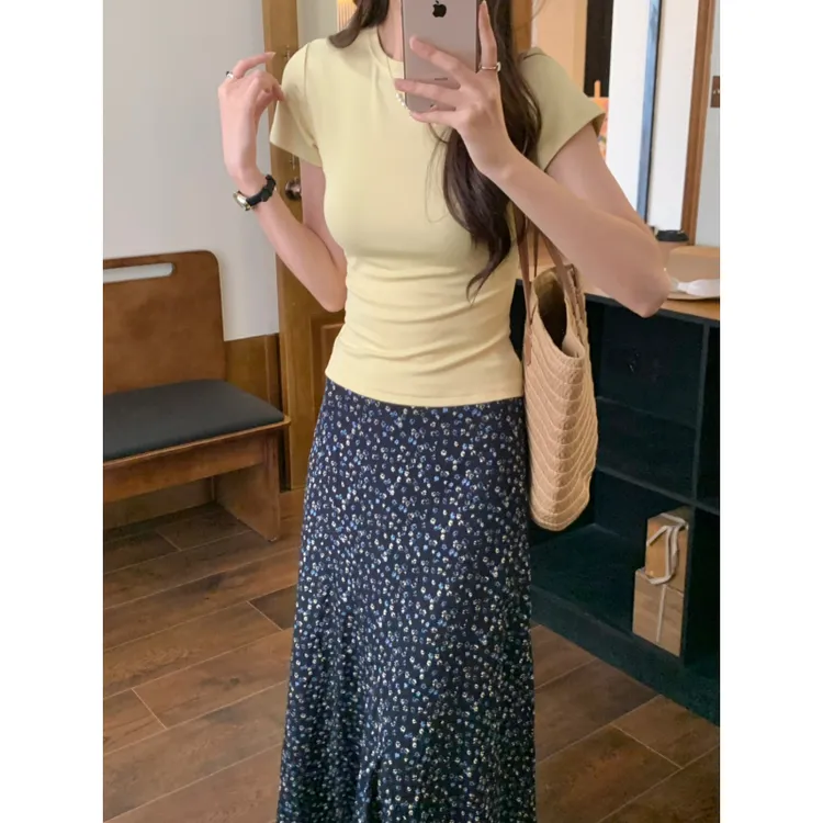 仙女风复古显瘦短袖设计感拼接ol上衣T恤纯色圆领多巴胺日韩服装