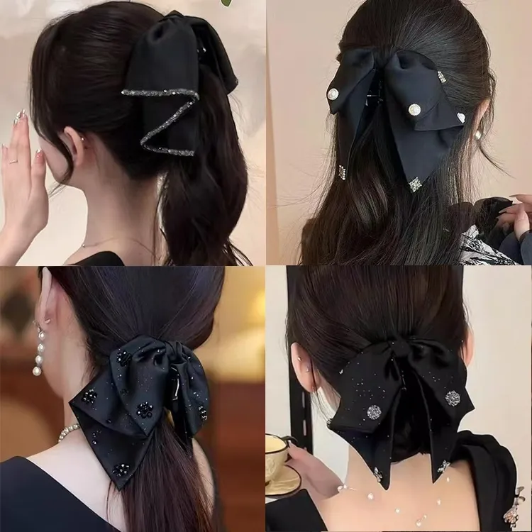 赫本风缎面蝴蝶结抓夹黑色飘带发饰精致低马尾半扎发夹后脑勺夹子