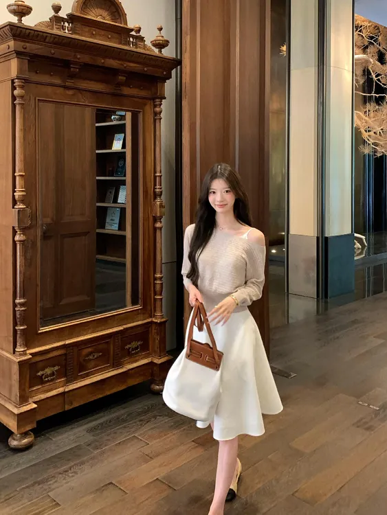 简约百搭纯色休闲斜肩长袖针织衫上衣法式高腰显瘦伞摆半身裙套装