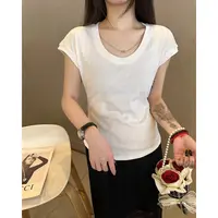 玳妮【糯糯链条】夏季U领弹力蝴蝶袖时尚弹力T恤显瘦百搭短袖上衣