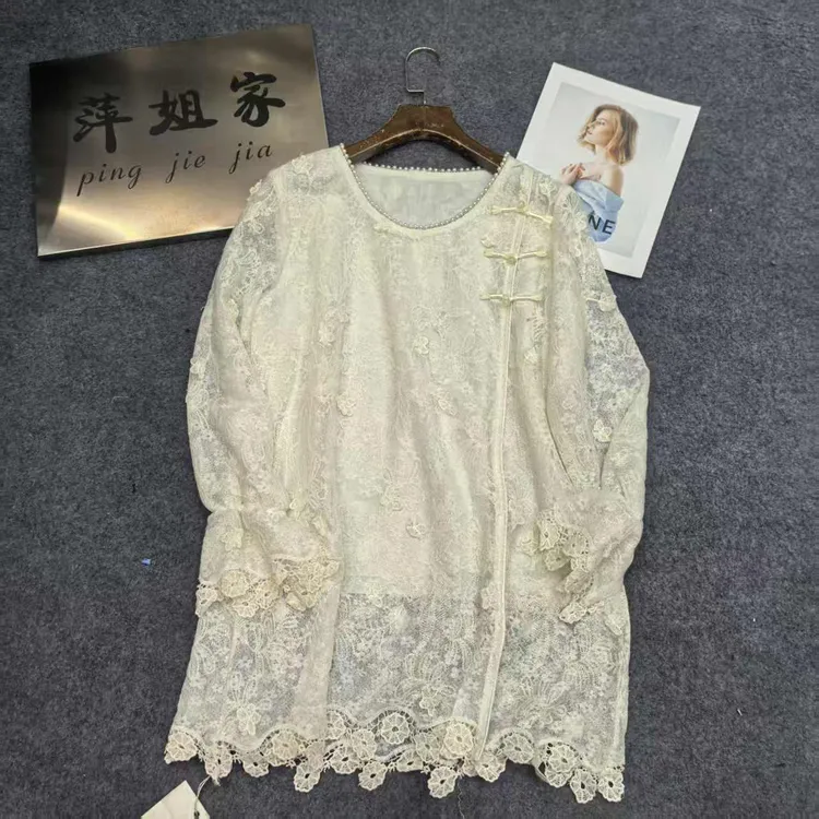 174欧货新中式盘扣重工蕾丝衫