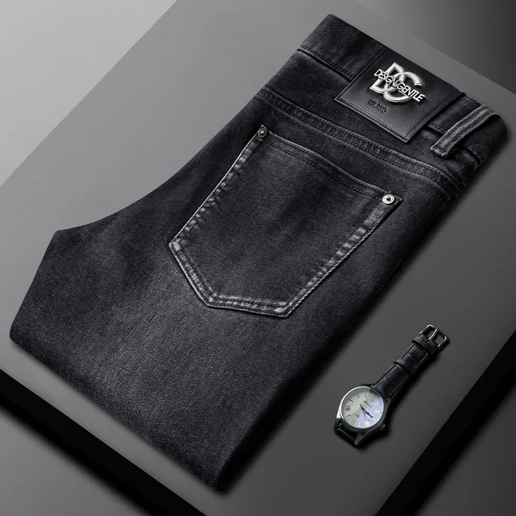 轻奢侈秋冬新款保暖弹力灰色牛仔裤男修身小直筒商务休闲裤男长裤
