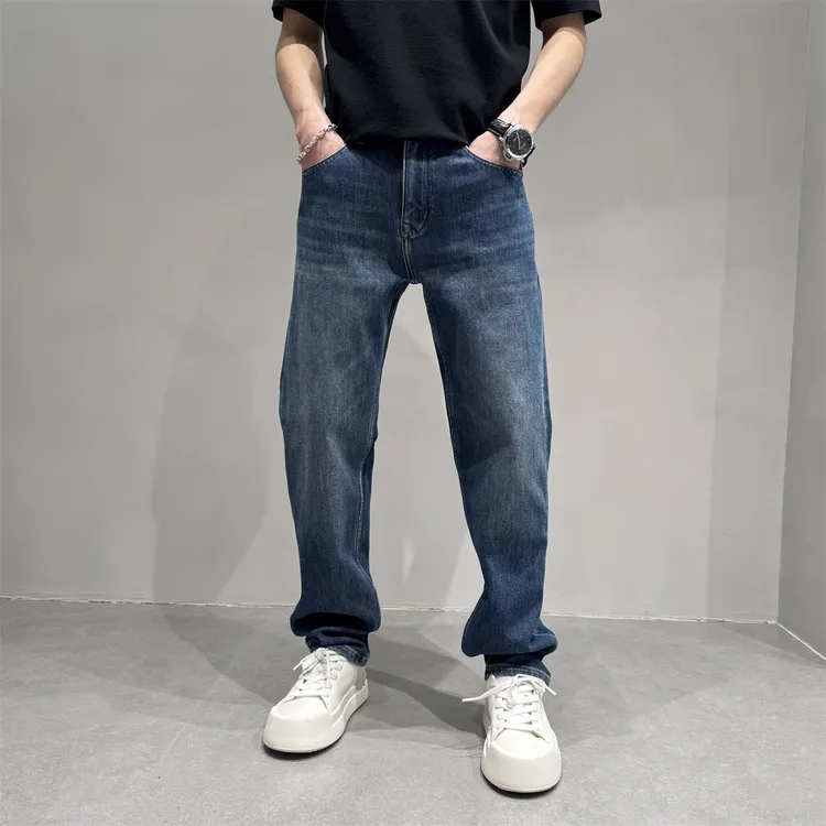 韩系四面弹力小直筒牛仔裤男士冬季加绒时尚百搭显瘦水洗休闲长裤