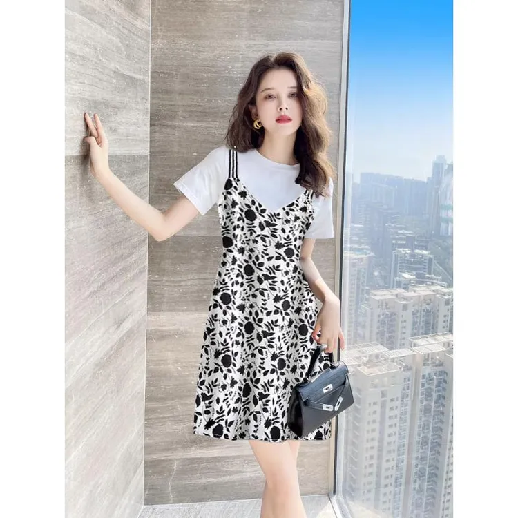苏陌气质假两件吊带印花连衣裙子女春夏季2025年新款小个子中长裙