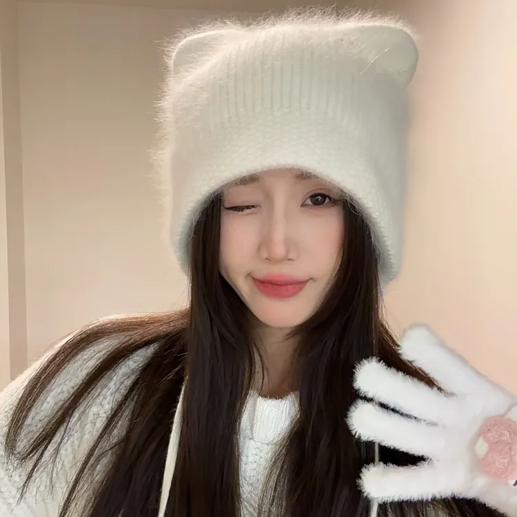 可爱猫耳兔毛针织帽护耳帽显脸小可爱耳朵毛线帽加厚保暖系带