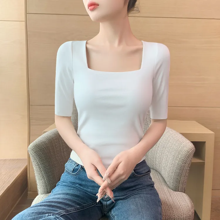 方领中袖白色t恤女2025新款95棉修身显瘦五分袖低领紧身半袖上衣