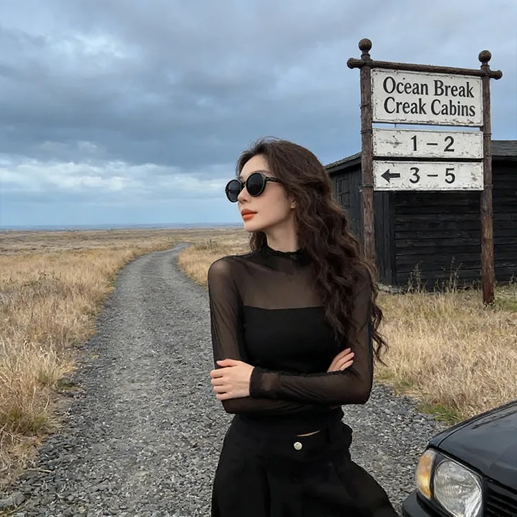 法式纯欲风性感辣妹微透网纱拼接长袖T恤女秋冬季内搭显瘦打底衫