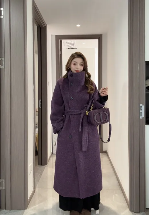 2025最新秋冬原创韩系慵懒风双面羊毛大衣系带百搭毛呢外套8702