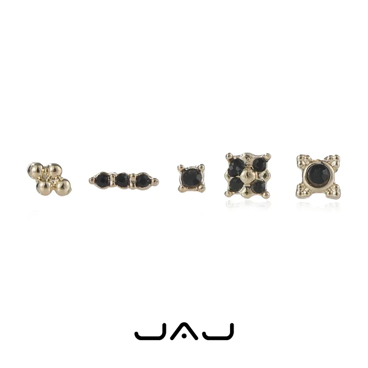 JAJ 铜合金合成锆石耳饰 多耳洞五件套耳钉黑色耳骨钉方钻小耳钉