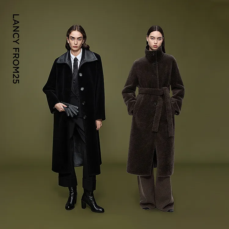 朗姿羊毛立领廓形老钱风气质毛绒外套优雅毛绒大衣2025年冬季新款