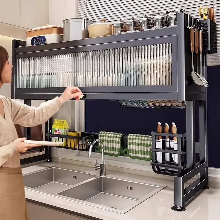 厨房水槽置物架台面碗碟水池碗柜多功能防尘带柜门碗盘收纳沥水架