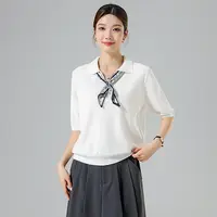 燕苹秋季新款时尚休闲风气质翻领可调节系带撞色丝巾中袖衫A2536