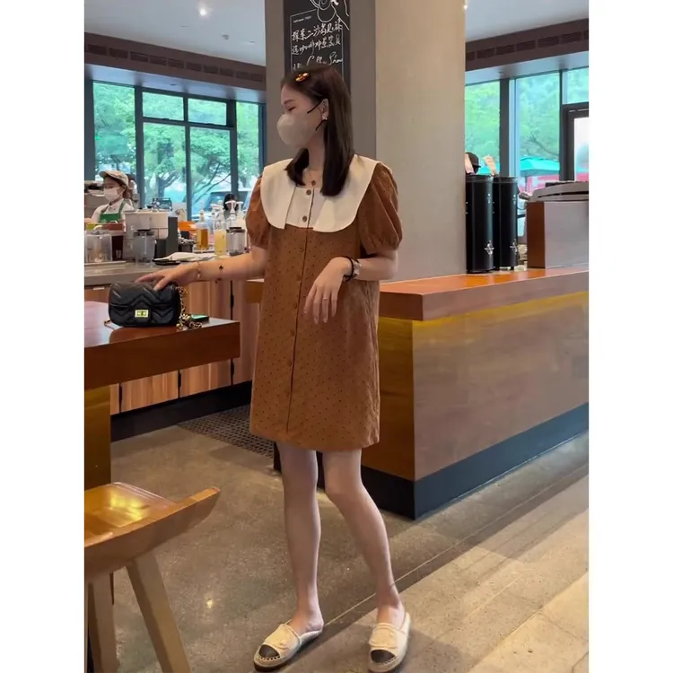 休闲撞色娃娃领连衣裙子女夏季2025年新款法式浪漫减龄小个子短裙