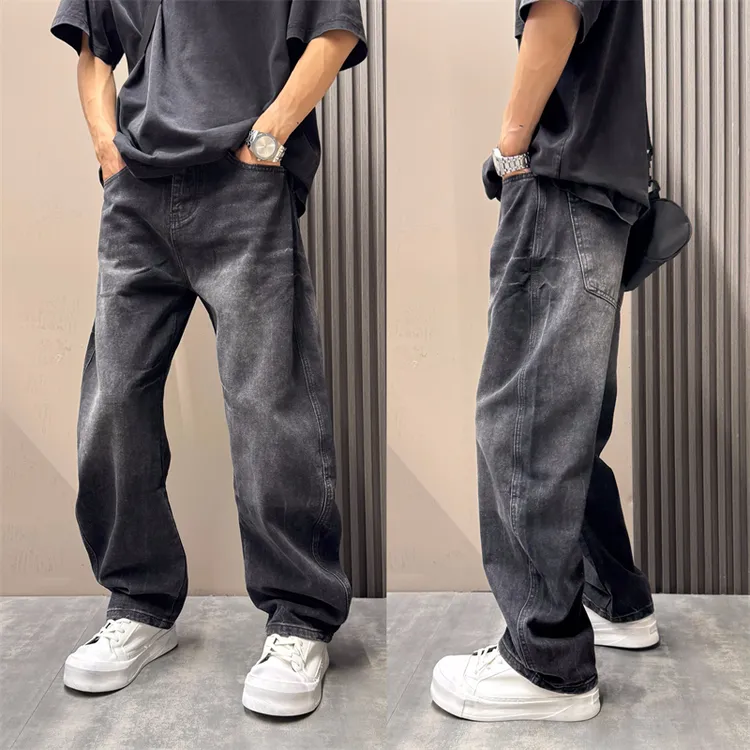 秋季美式复古水洗渐变阔腿裤潮流宽松直筒痞帅百搭垂感弯刀牛仔裤