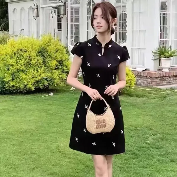 新中式小蜜蜂刺绣提花国风气质时尚改良版旗袍连衣裙8899