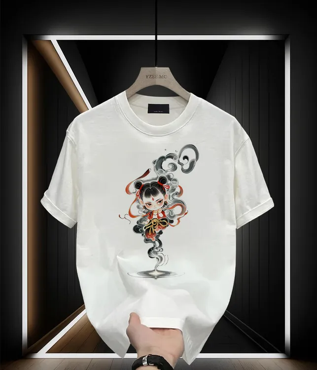 新款夏季国潮个性哪吒印花宽松高级设计男款百痞帅搭圆领纯棉短袖