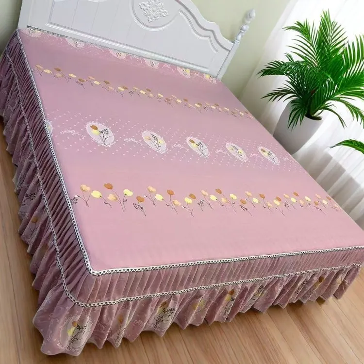 高端精品床罩（镜中花粉）四季通用防尘防滑床罩保护套
