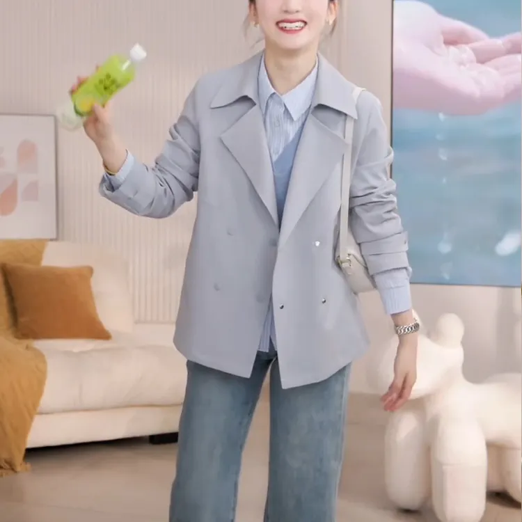 【云海】2025春女装新款撞色条纹百搭复古小个子外套上衣