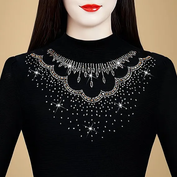 蕾丝长袖打底女2025秋冬新款加绒上衣百搭镶钻半高领洋气修身小衫