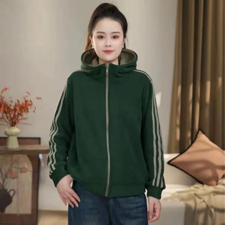 秋冬新款时尚休闲洋气百搭连帽运动双面奥利绒减龄加绒撞色外套