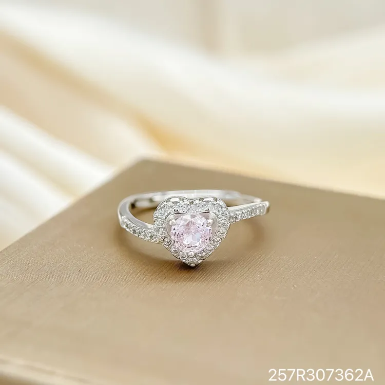 925银戒指 女款超闪锆石爱心粉色指环简约百搭食指戒时尚气质尾戒